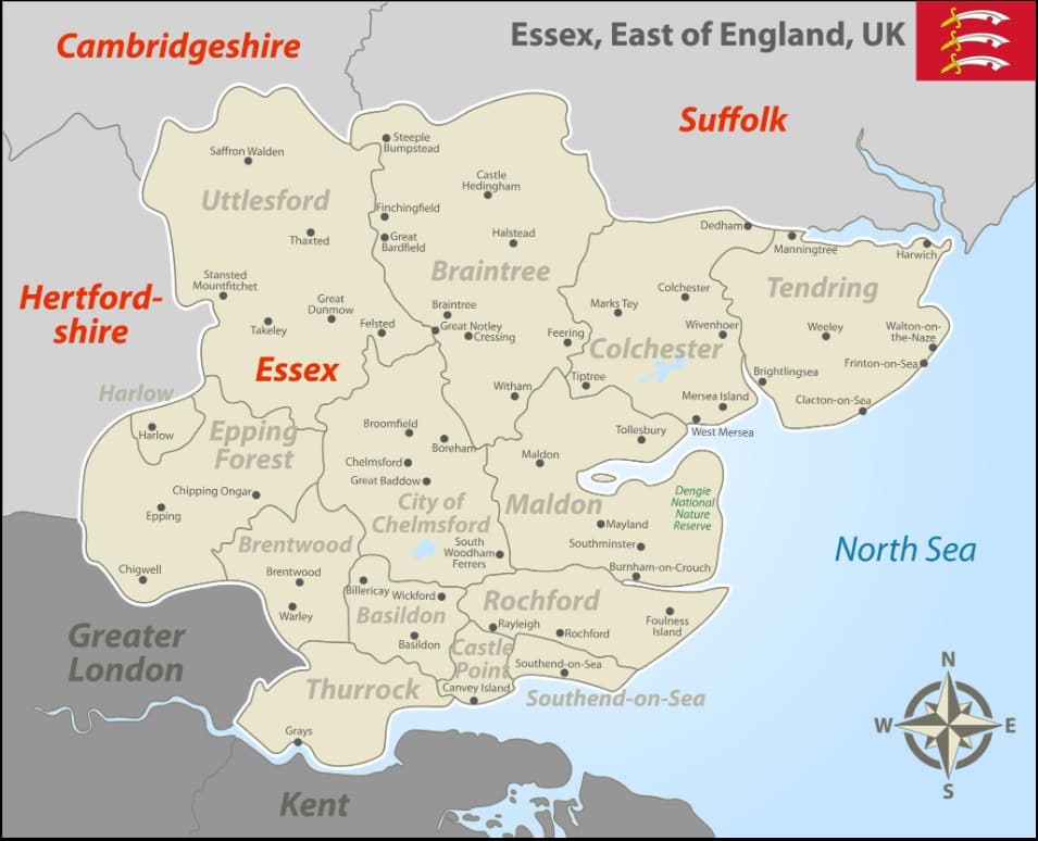 Map of Essex showing the districts and towns covered by Line Security's Key Holding & Alarm Response service
